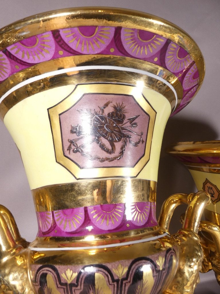 Le Tallec Paris, Pair Of Large Directoire Style Medici Vases In Hand Painted Porcelain-photo-2