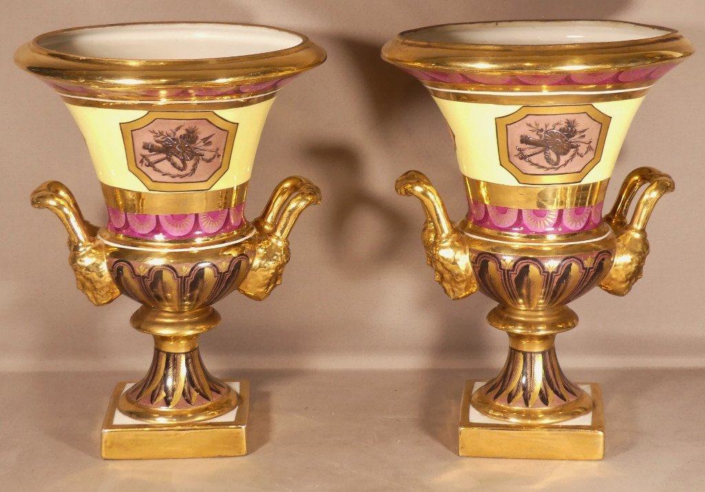 Le Tallec Paris, Pair Of Large Directoire Style Medici Vases In Hand Painted Porcelain