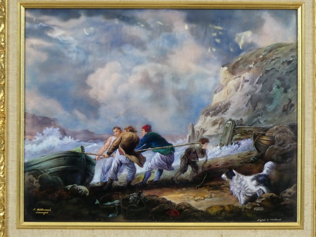 After Georges Morland, Fishermen Pulling A Boat, Enamel On Copper By Jean Bétourné Limoges-photo-2