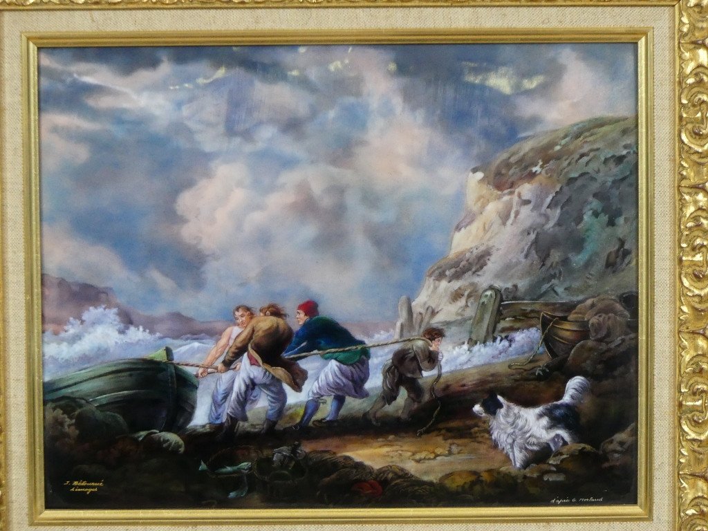 After Georges Morland, Fishermen Pulling A Boat, Enamel On Copper By Jean Bétourné Limoges-photo-4