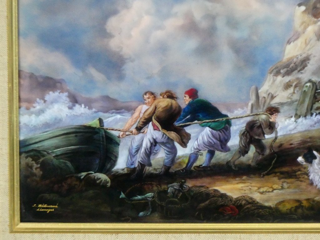 After Georges Morland, Fishermen Pulling A Boat, Enamel On Copper By Jean Bétourné Limoges-photo-1
