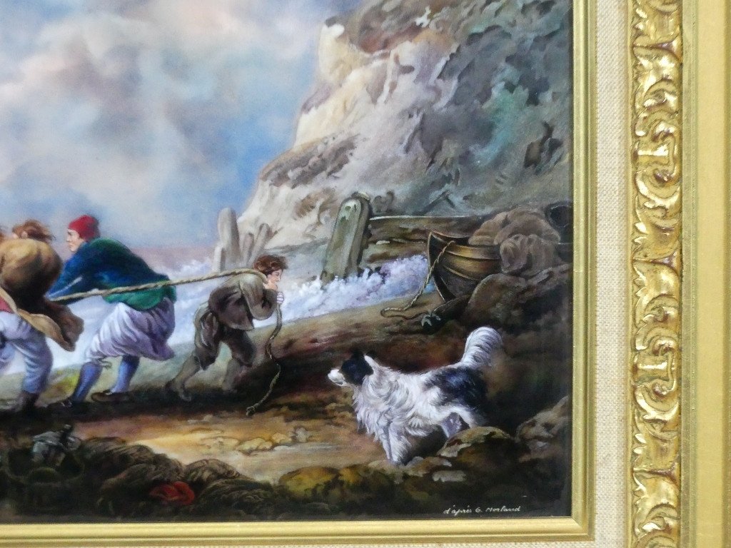After Georges Morland, Fishermen Pulling A Boat, Enamel On Copper By Jean Bétourné Limoges-photo-2