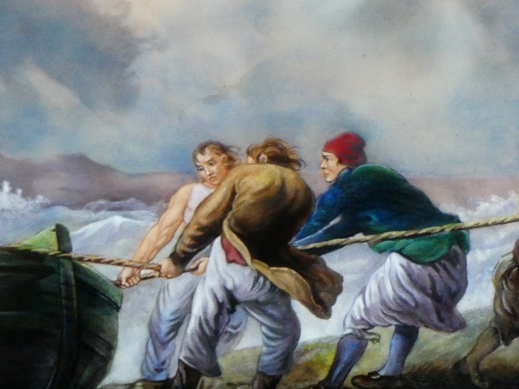After Georges Morland, Fishermen Pulling A Boat, Enamel On Copper By Jean Bétourné Limoges-photo-4