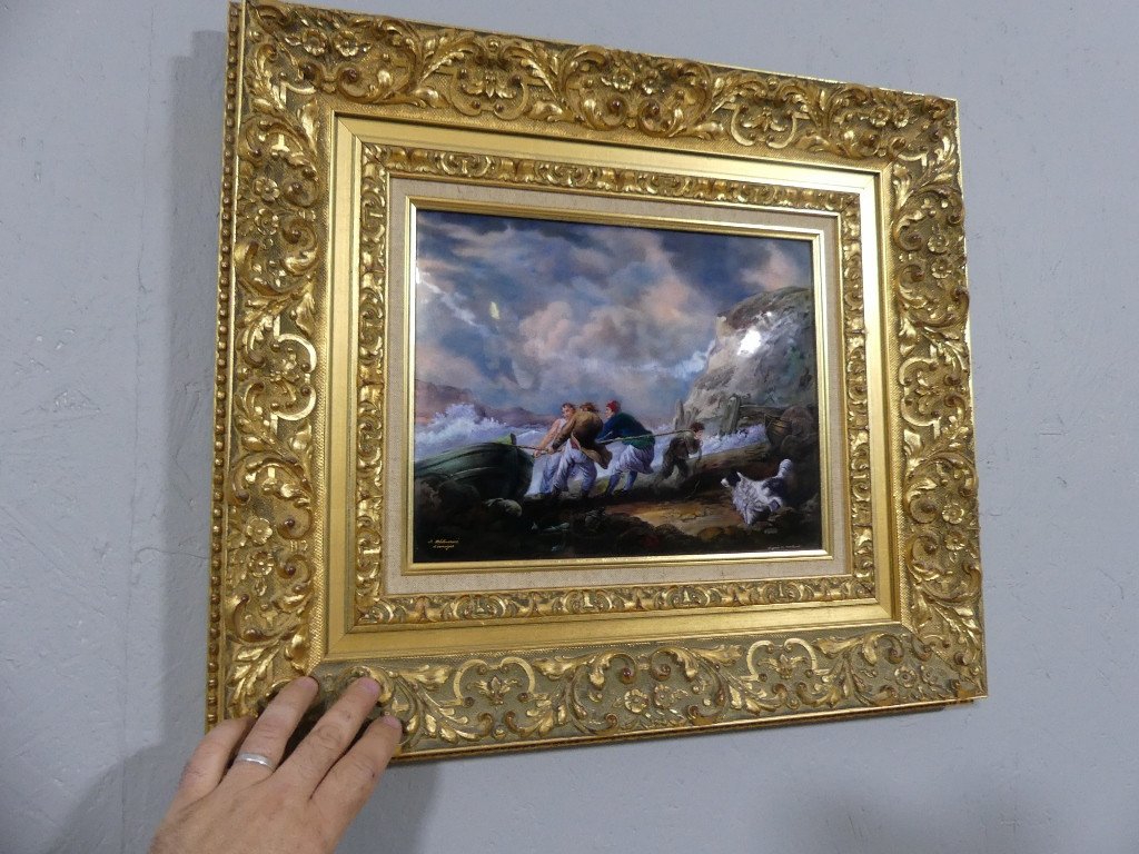 After Georges Morland, Fishermen Pulling A Boat, Enamel On Copper By Jean Bétourné Limoges-photo-7