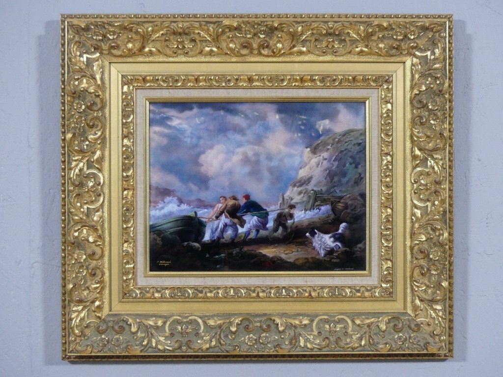 After Georges Morland, Fishermen Pulling A Boat, Enamel On Copper By Jean Bétourné Limoges