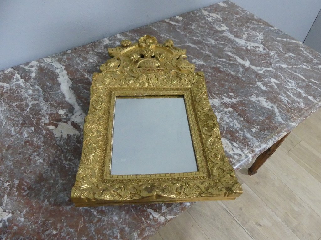 Louis XIV Period Pediment Mirror In Carved And Gilded Oak Wood, Early 18th Century-photo-5