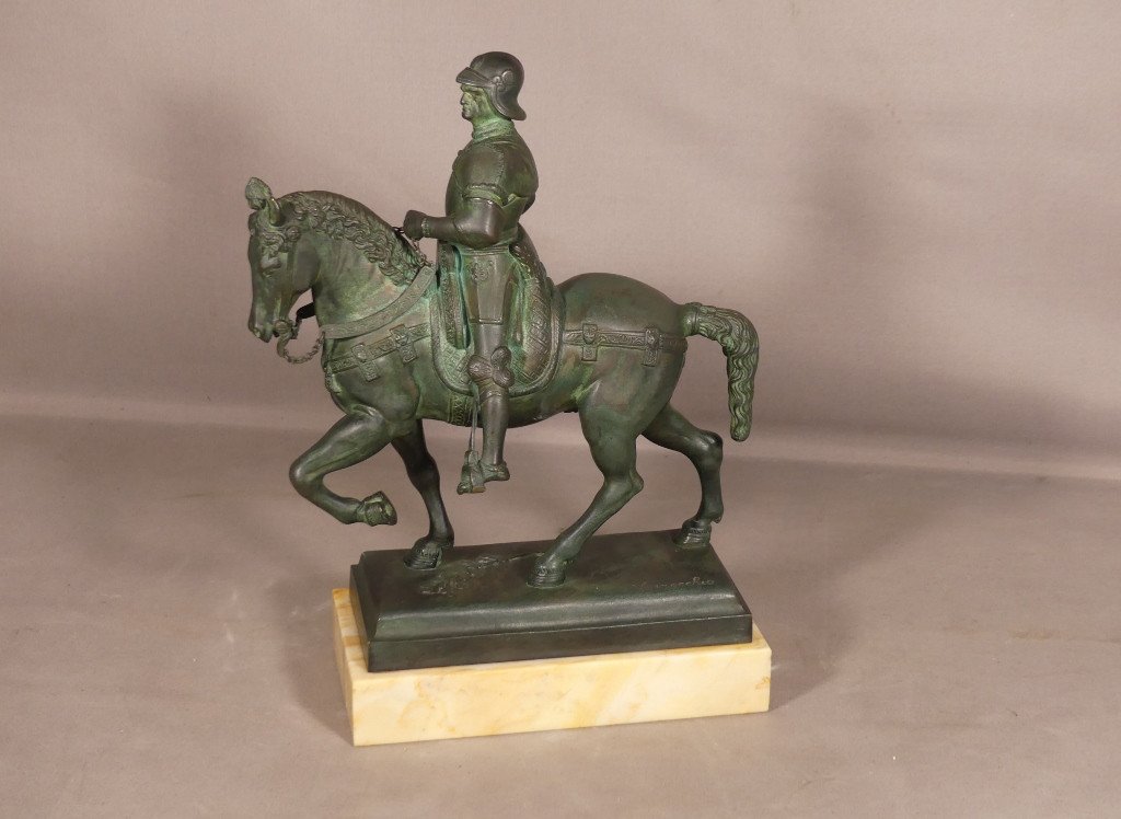 Statue équestre Du Colleone, d'Après Verrochio, Bronze à Patine Verte Antique, XIX ème-photo-2