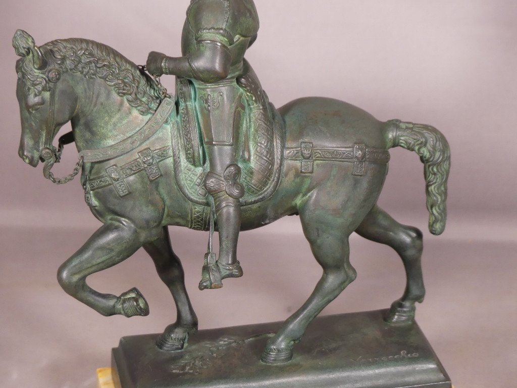 Statue équestre Du Colleone, d'Après Verrochio, Bronze à Patine Verte Antique, XIX ème-photo-4