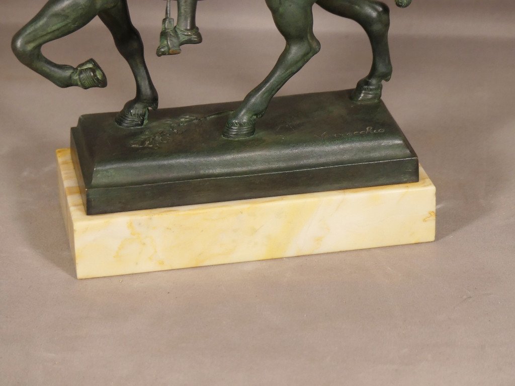 Statue équestre Du Colleone, d'Après Verrochio, Bronze à Patine Verte Antique, XIX ème-photo-2