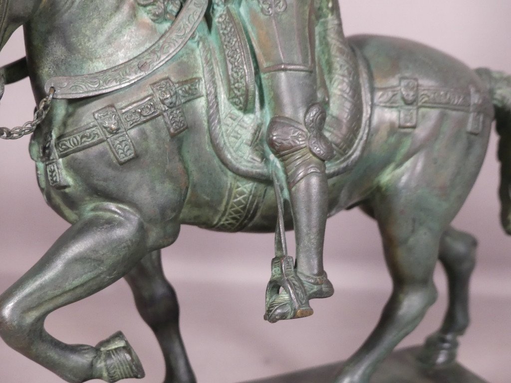 Statue équestre Du Colleone, d'Après Verrochio, Bronze à Patine Verte Antique, XIX ème-photo-5