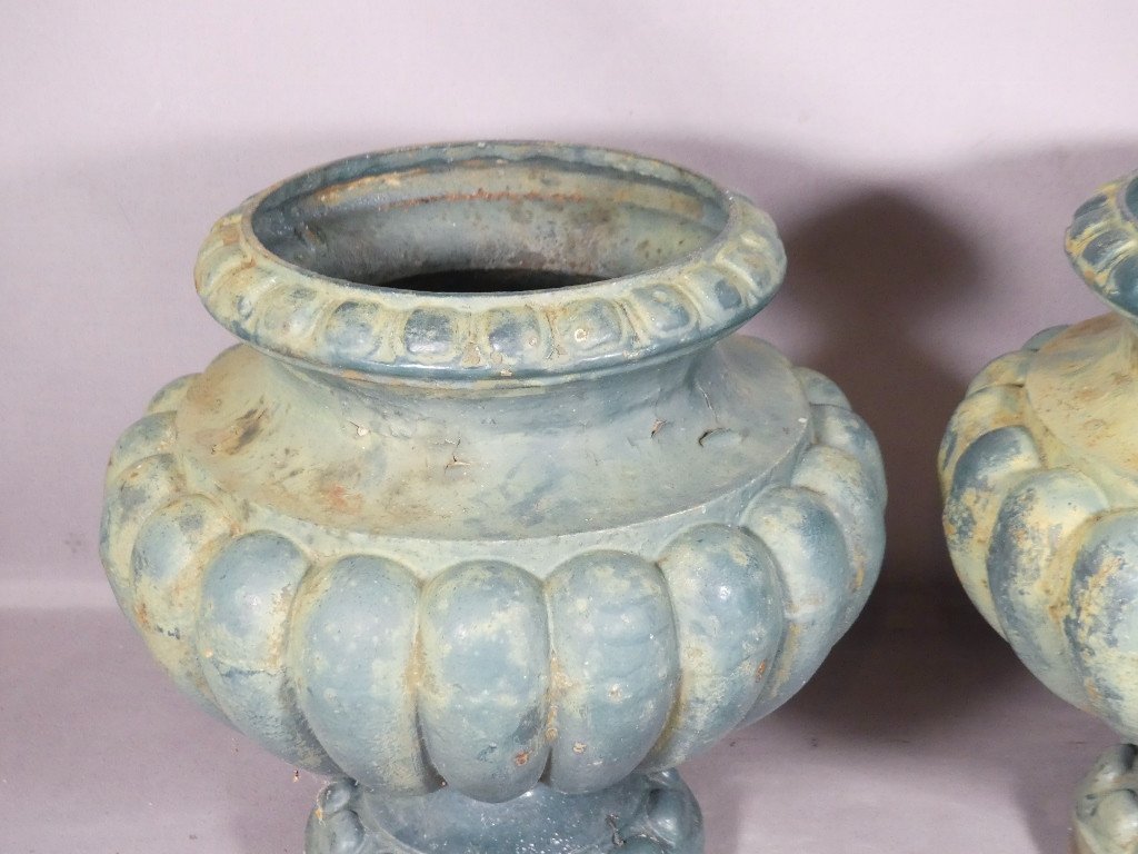 Paire De Vases De Jardin En Fonte à Côtes De Melon, époque XIX ème-photo-2