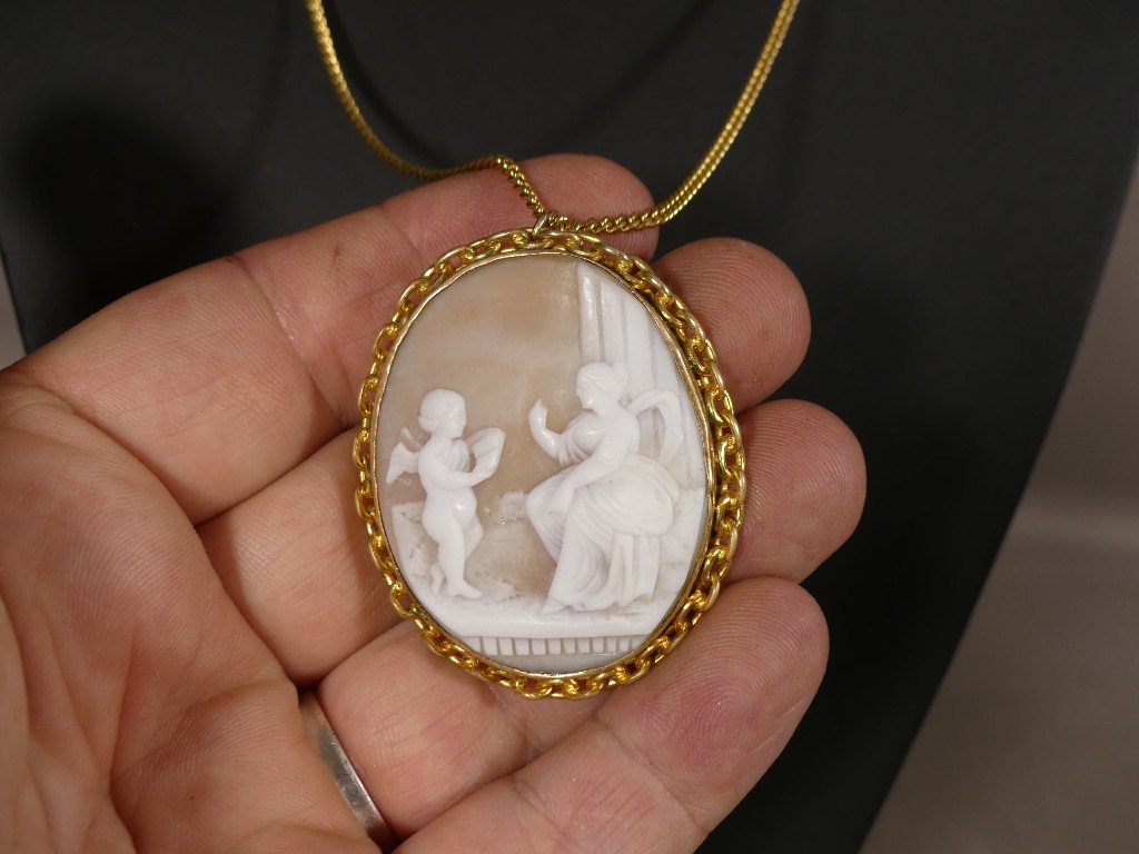 Pendentif Camée Coquillage Femme Et l'Angelot, époque XIX ème Siècle-photo-3
