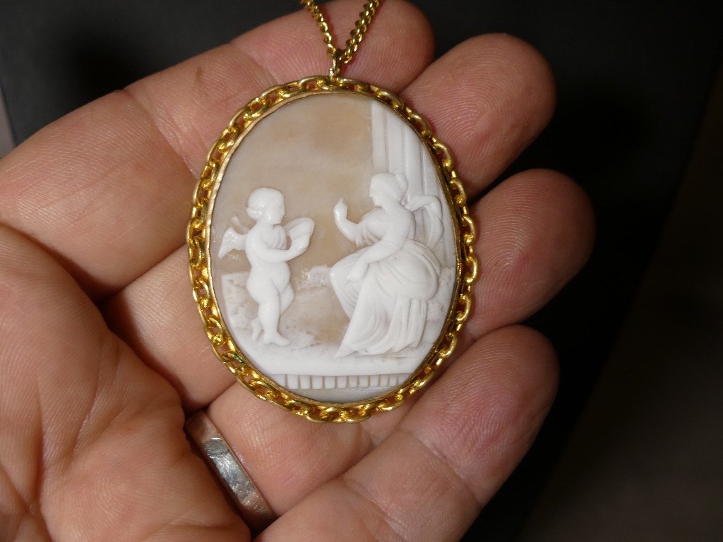 Pendentif Camée Coquillage Femme Et l'Angelot, époque XIX ème Siècle-photo-4