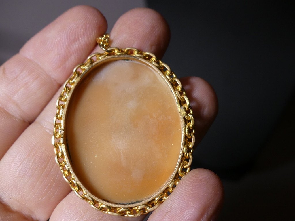 Pendentif Camée Coquillage Femme Et l'Angelot, époque XIX ème Siècle-photo-3