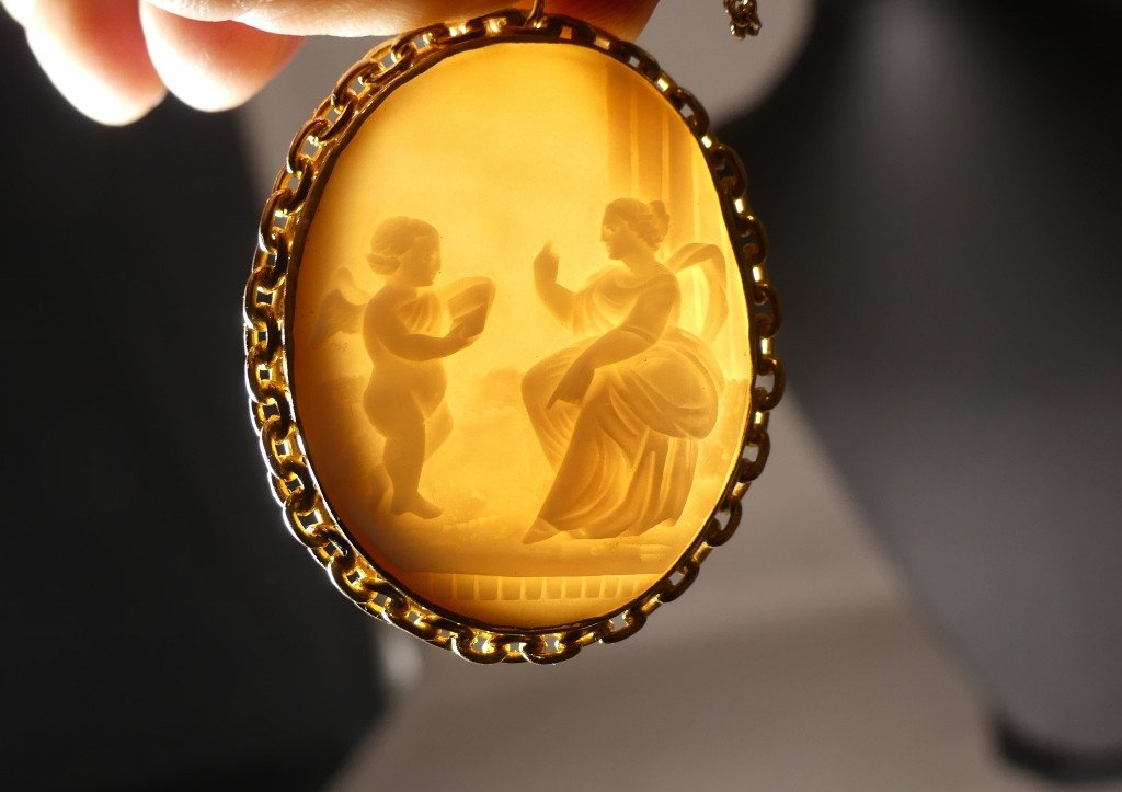 Pendentif Camée Coquillage Femme Et l'Angelot, époque XIX ème Siècle-photo-4
