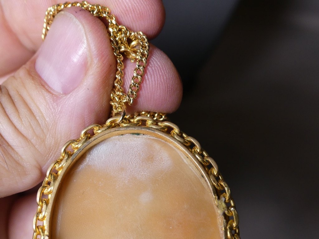 Pendentif Camée Coquillage Femme Et l'Angelot, époque XIX ème Siècle-photo-6