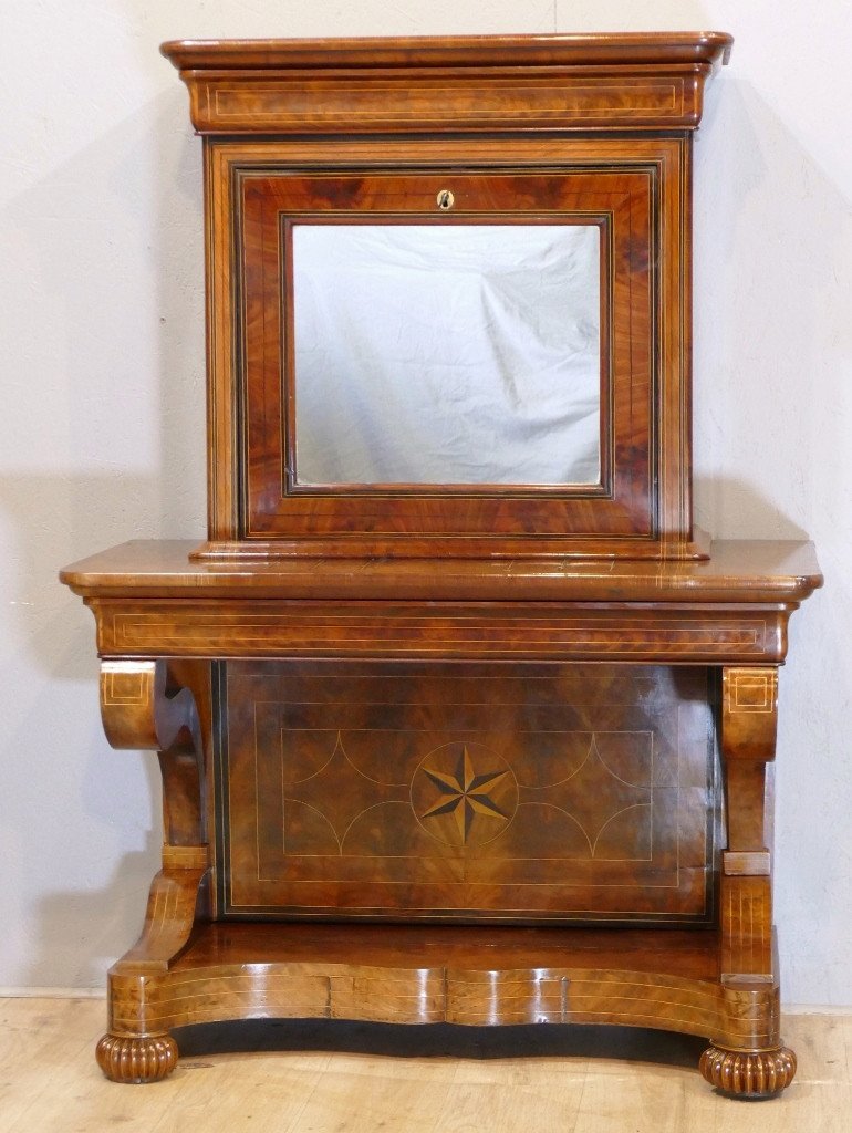 Charles X, Console Secrétaire En Ronce d'Acajou Et Filets, époque XIX ème-photo-2