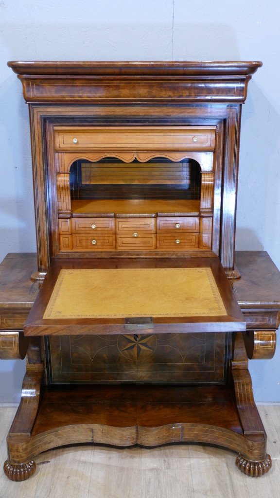 Charles X, Console Secrétaire En Ronce d'Acajou Et Filets, époque XIX ème-photo-2