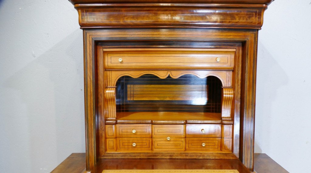 Charles X, Console Secrétaire En Ronce d'Acajou Et Filets, époque XIX ème-photo-4