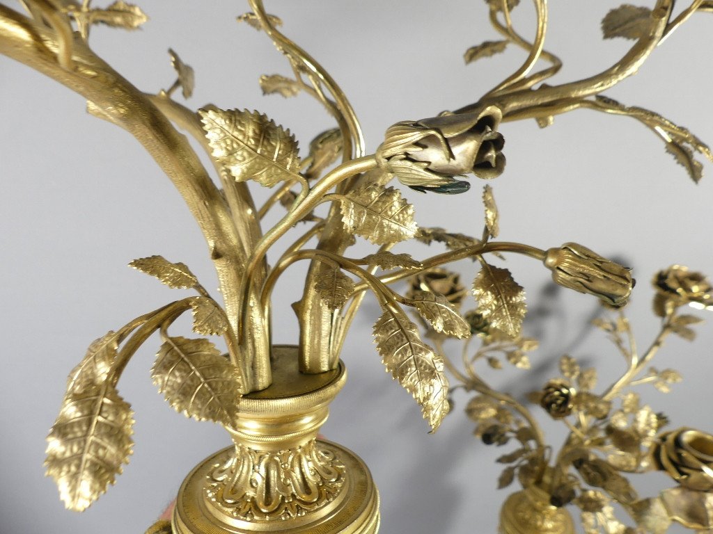 Pair Of Candlesticks With Bouquets Of Roses And Rams' Heads, Bronze And Marble, 19th Century-photo-6