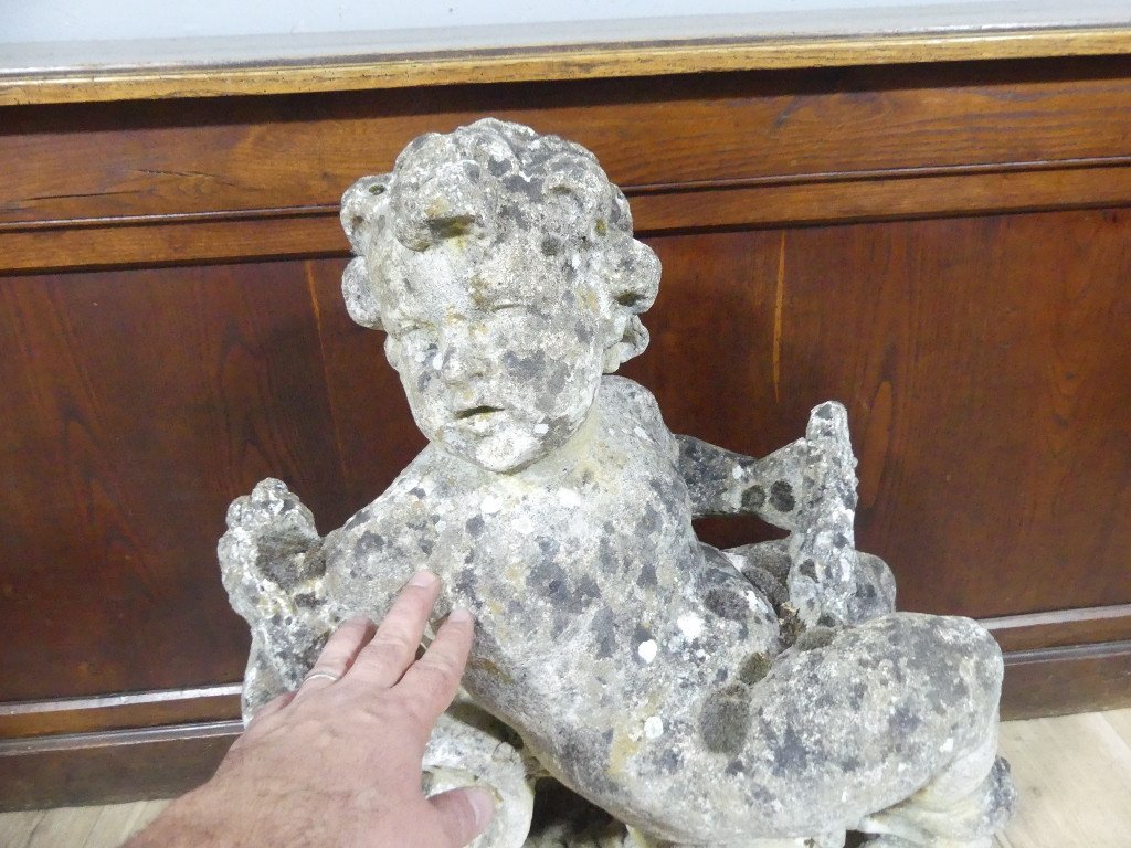 Summer Statue With Putti On Acanthus In Reconstituted Stone, Garden Decoration, 1960-photo-2