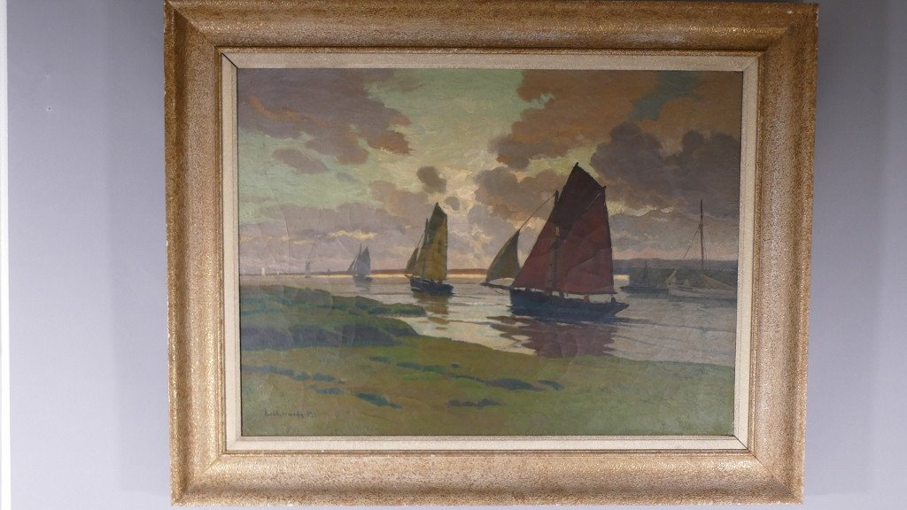 Paul Eschbach (1881-1961), Thoniers Au Port De Concarneau, Huile Sur Toile -photo-3