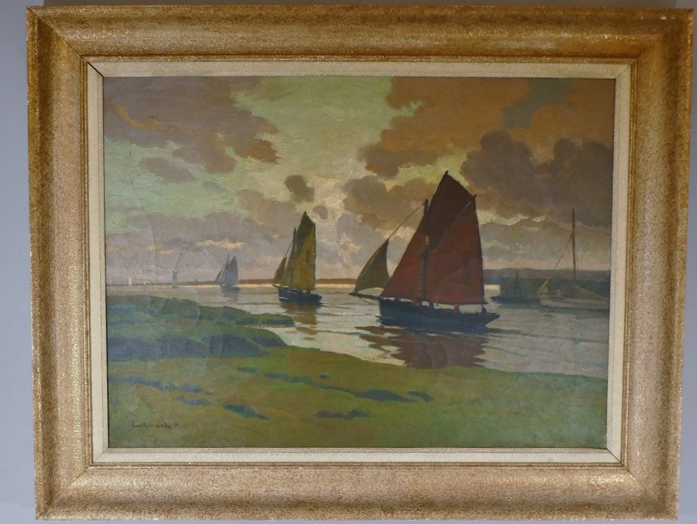 Paul Eschbach (1881-1961), Thoniers Au Port De Concarneau, Huile Sur Toile 