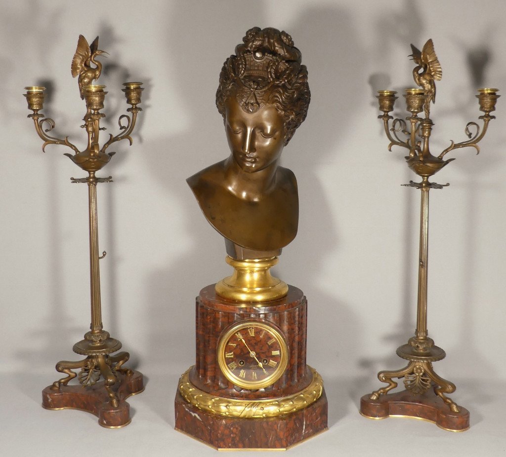 Barbedienne, Diane De Poitiers, Clock And Candelabra Set, Bronze And Marble, 19th Century