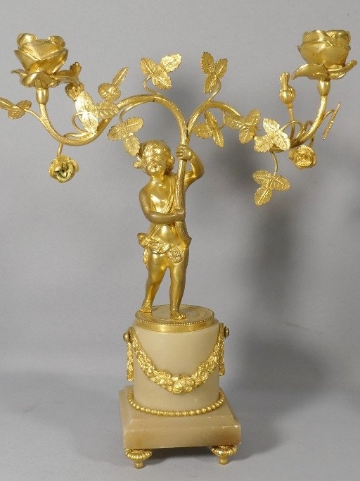 Paire De Chandeliers Louis XVI Aux Putti Et Roses, Bronze Doré Et Albâtre, XIX ème -photo-2