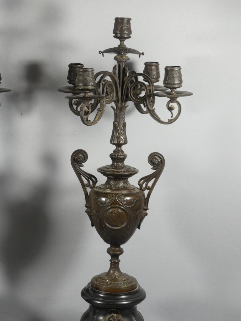 Paire De Candélabres Chandeliers Napoléon III Bronze Patiné  Marbre Dans Le Goût De Barbedienne-photo-2