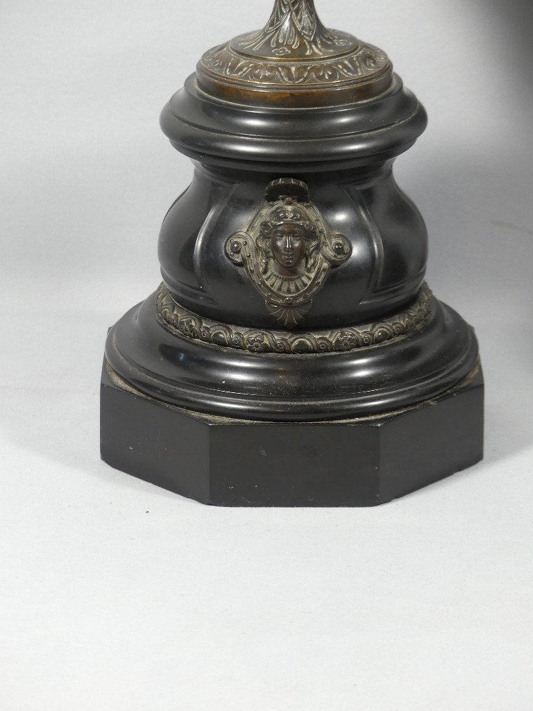 Paire De Candélabres Chandeliers Napoléon III Bronze Patiné  Marbre Dans Le Goût De Barbedienne-photo-1