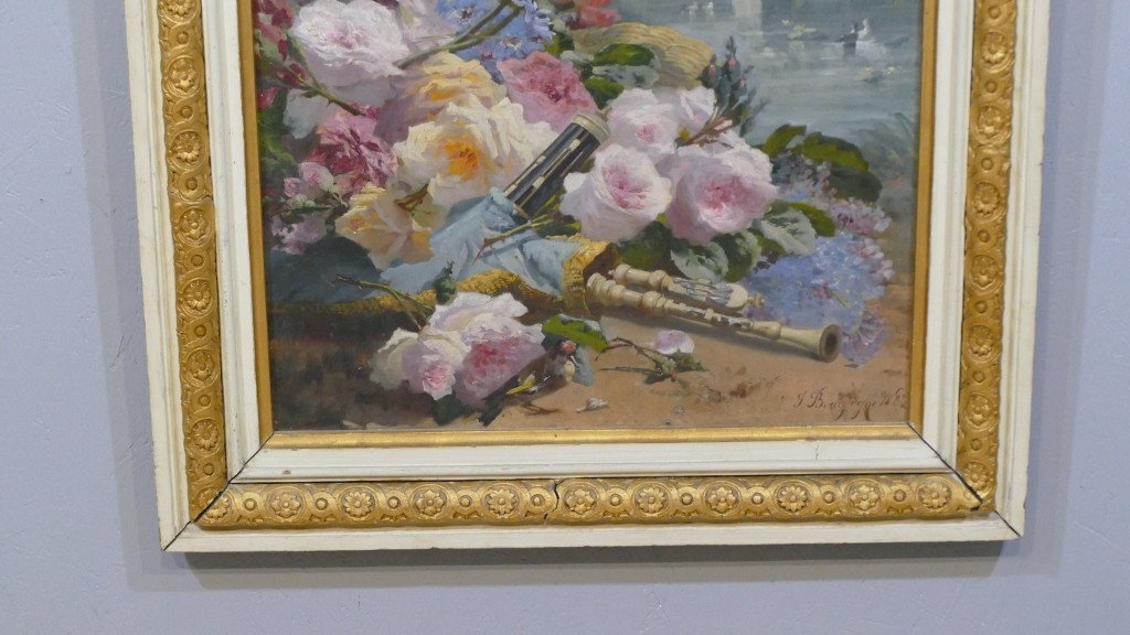 Pierre Bourgogne (1838-1904), Tableau Huile Sur Toile Jeté De Fleurs Et Paysage De Ruines -photo-2