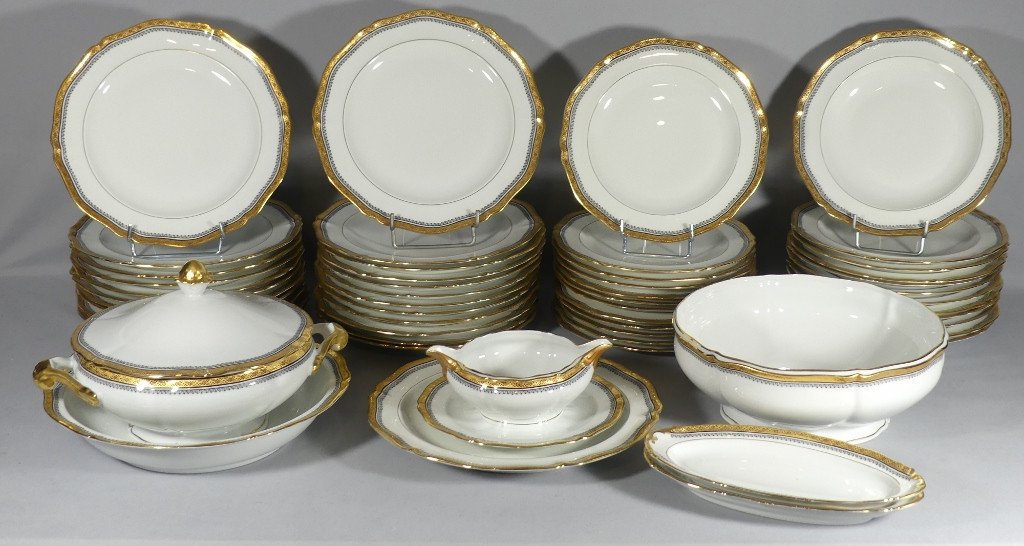 12 Person Service In White And Gold Limoges Porcelain, 55 Pieces