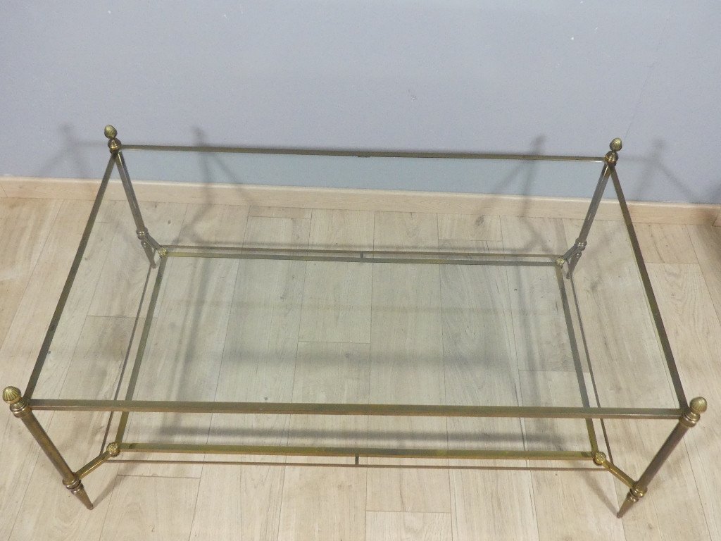 Large Neoclassical Jansen Coffee Table In Brass, Steel And Glass, 1960-70s-photo-3