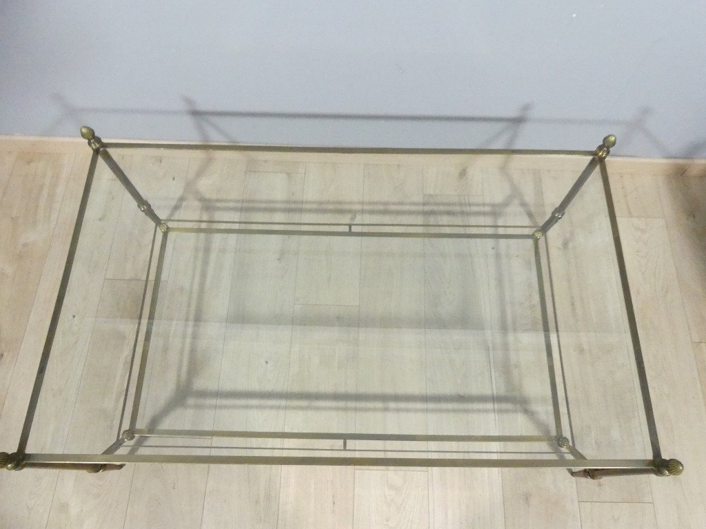 Large Neoclassical Jansen Coffee Table In Brass, Steel And Glass, 1960-70s-photo-4