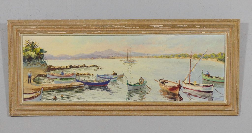 Golf Juan Cap De La Garoupe, Tableau Huile Sur Bois Par Vincent Cermignani (1902-1971)