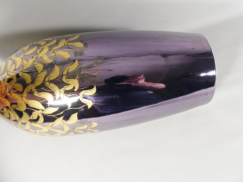 Very Large Porcelain Vase With Wisteria Decorated With Gold On A Lustered Purple Background, Limoges Early 20th Century -photo-3