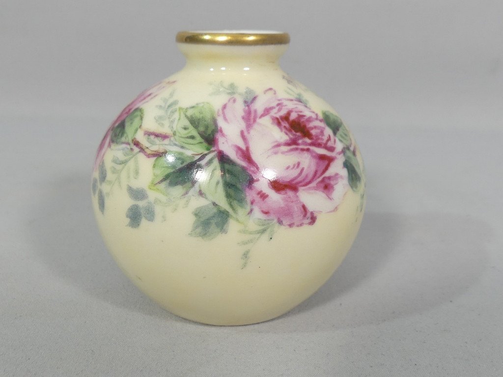 Les Roses, Very Small Hand Painted Limoges Porcelain Ball Vase