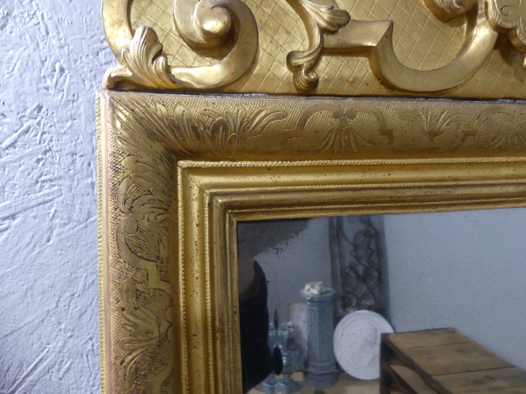 Miroir d'époque Louis XIV En Bois Doré, Décor Bérain Et Fronton Buste Antique, Début XVIII ème-photo-2
