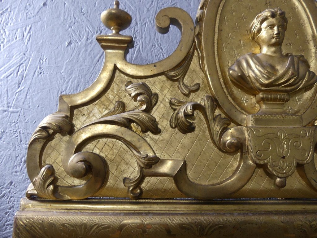 Miroir d'époque Louis XIV En Bois Doré, Décor Bérain Et Fronton Buste Antique, Début XVIII ème-photo-4