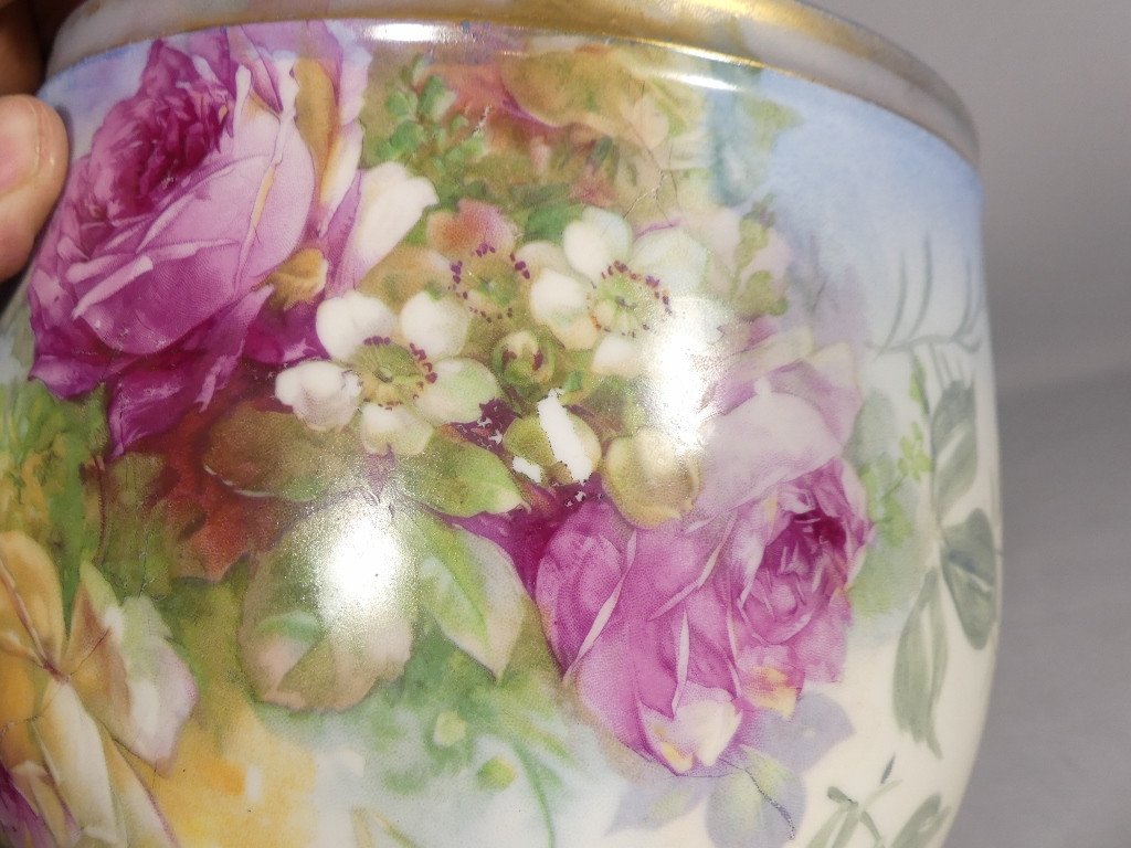 Cache Pot Aux Roses En Porcelaine De Limoges, époque 1980-photo-4