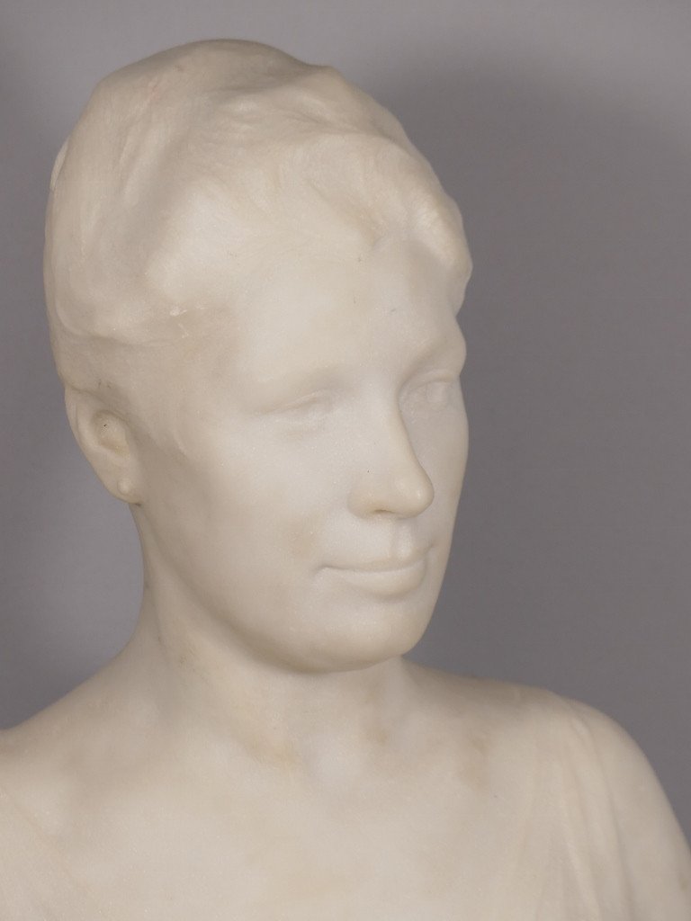 Louis Dubar (1876-1951), Sculpture Bust Of A Woman In White Carrara Marble, Early 20th Century-photo-2