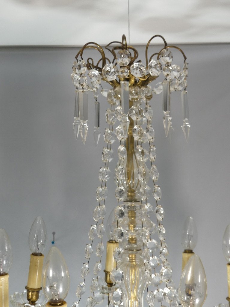 Paire De Lustres à Pampilles De Verre Et Laiton, 8 Feux, époque Milieu XX ème-photo-2