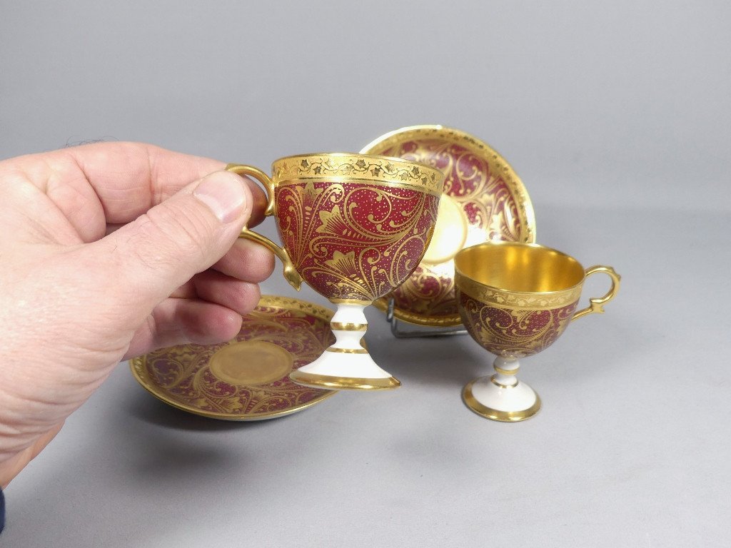 Paire De Tasses De Collection Rouge Et Or Porcelaine Limoges Peinte &agrave; La Main-photo-2