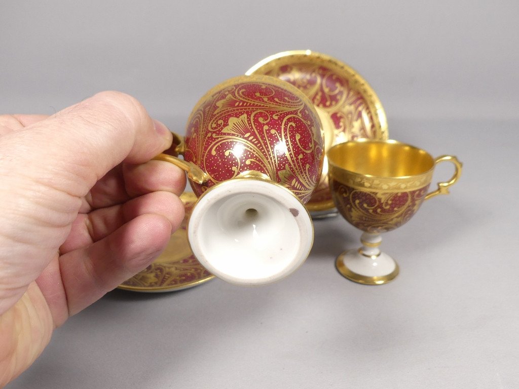 Paire De Tasses De Collection Rouge Et Or Porcelaine Limoges Peinte &agrave; La Main-photo-4