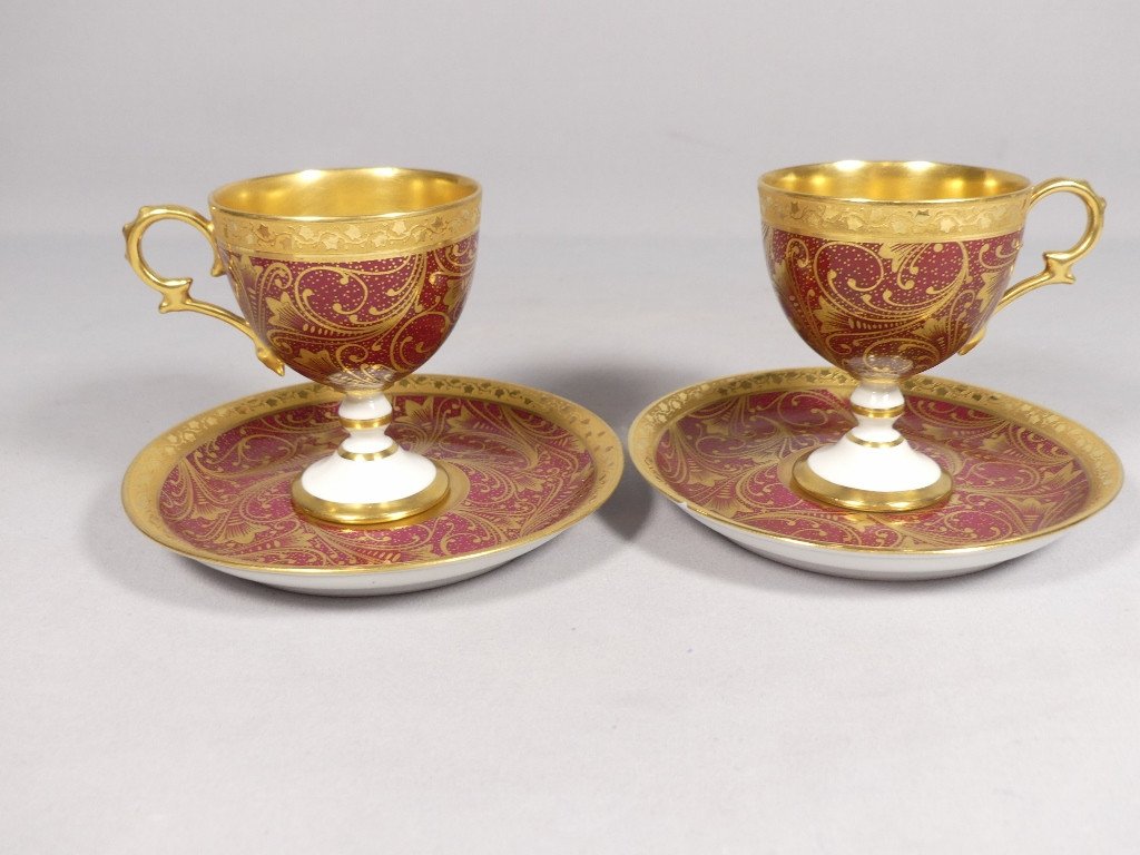 Paire De Tasses De Collection Rouge Et Or Porcelaine Limoges Peinte &agrave; La Main-photo-3