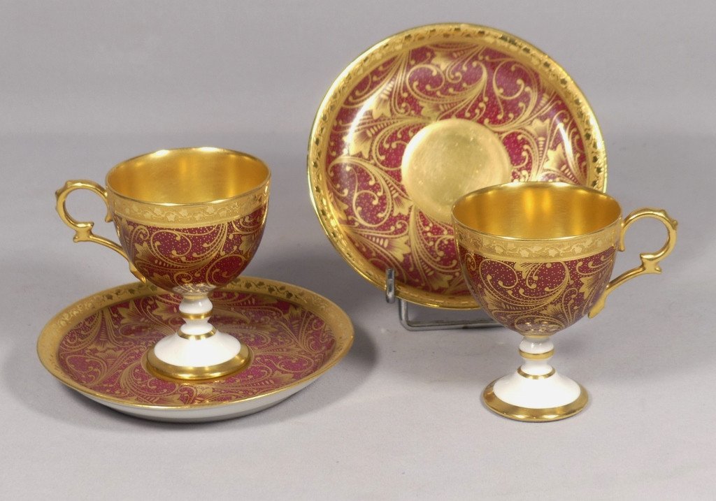 Paire De Tasses De Collection Rouge Et Or Porcelaine Limoges Peinte &agrave; La Main
