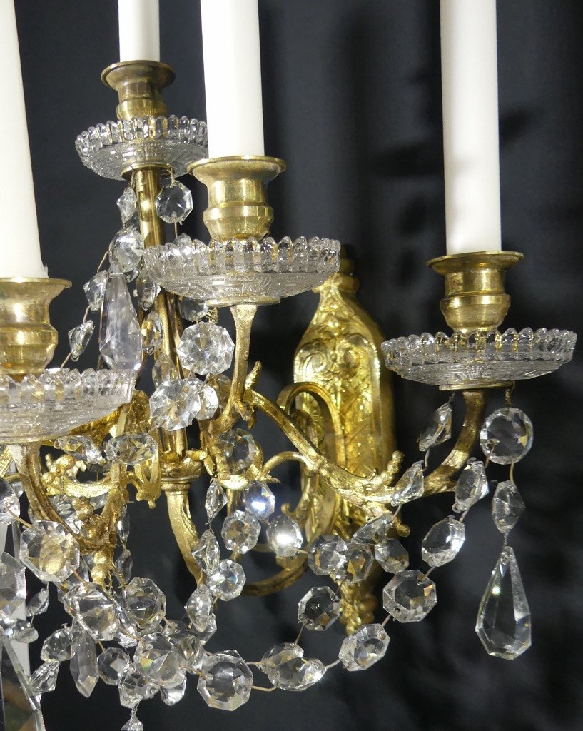 Paire d&#039;Appliques &agrave; 8 Bras De Lumi&egrave;re, Bronze, Laiton, Verre Et Cristal, &eacute;poque XIX &egrave;me-photo-2