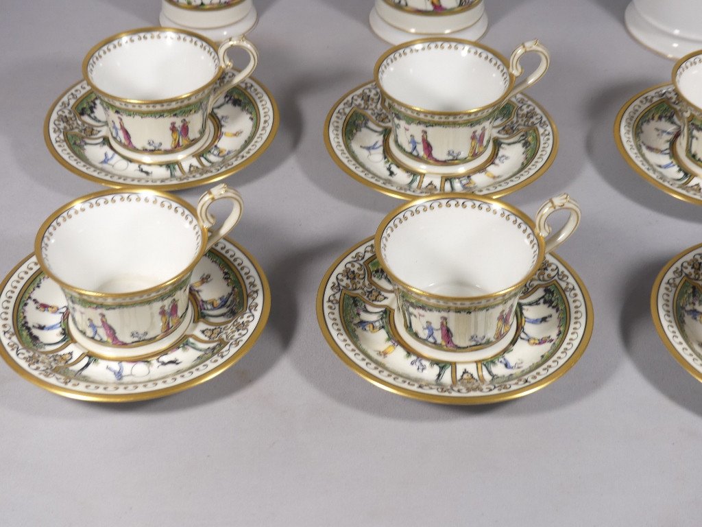 Raynaud Limoges Promenade Au Palais Royal, Très Rare Service à Café Pour 6 Personnes Porcelaine-photo-2