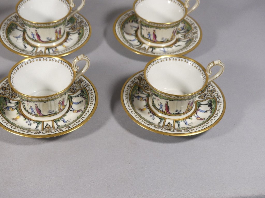 Raynaud Limoges Promenade Au Palais Royal, Très Rare Service à Café Pour 6 Personnes Porcelaine-photo-3